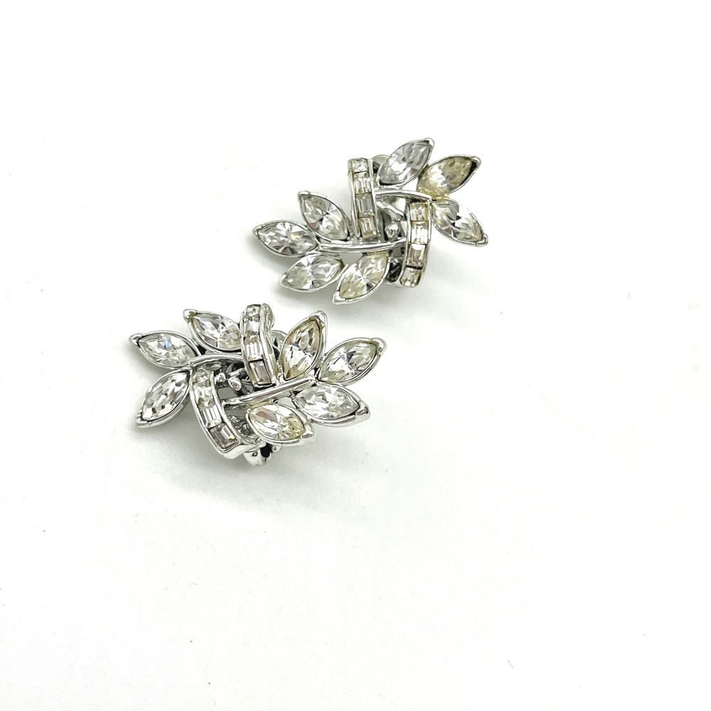 Vintage Rhinestone Earrings Silver Tone Floral Clip On Earrings
